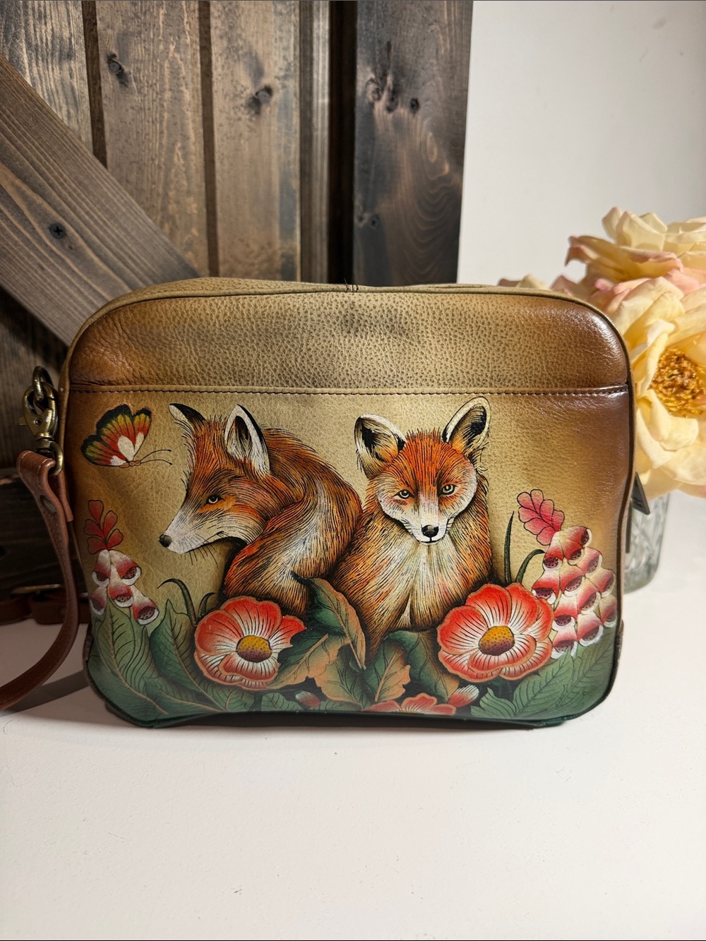Anuschka Hand-Painted Foxes Floral Crossbody - Tan, Orange, Green, Red